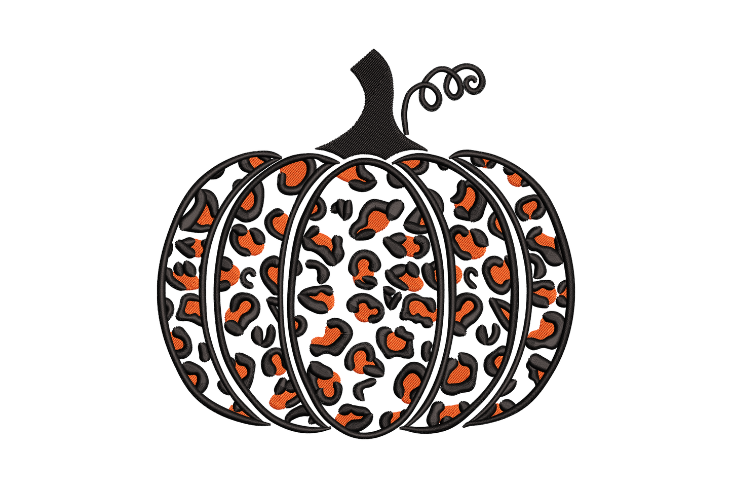 Leopard pumpkin embroidery design with black satin spots and orange fill, machine embroidery design for fall sweatshirts and tote bags.