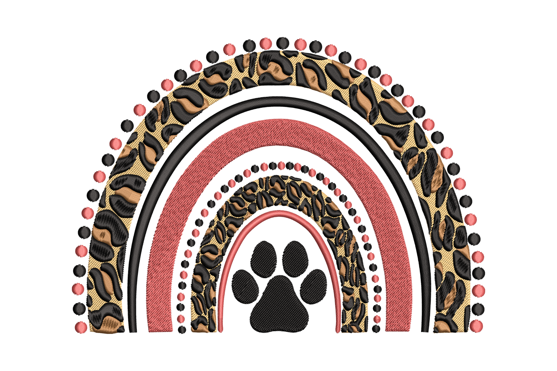Leopard rainbow paw print embroidery design with 6-colour rainbow gradient base fill and black leopard spot clusters overlaid on the large pad and four toe pads.
