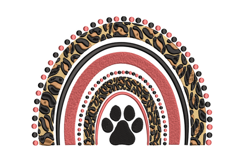 Leopard rainbow paw print embroidery design with 6-colour rainbow gradient base fill and black leopard spot clusters overlaid on the large pad and four toe pads.