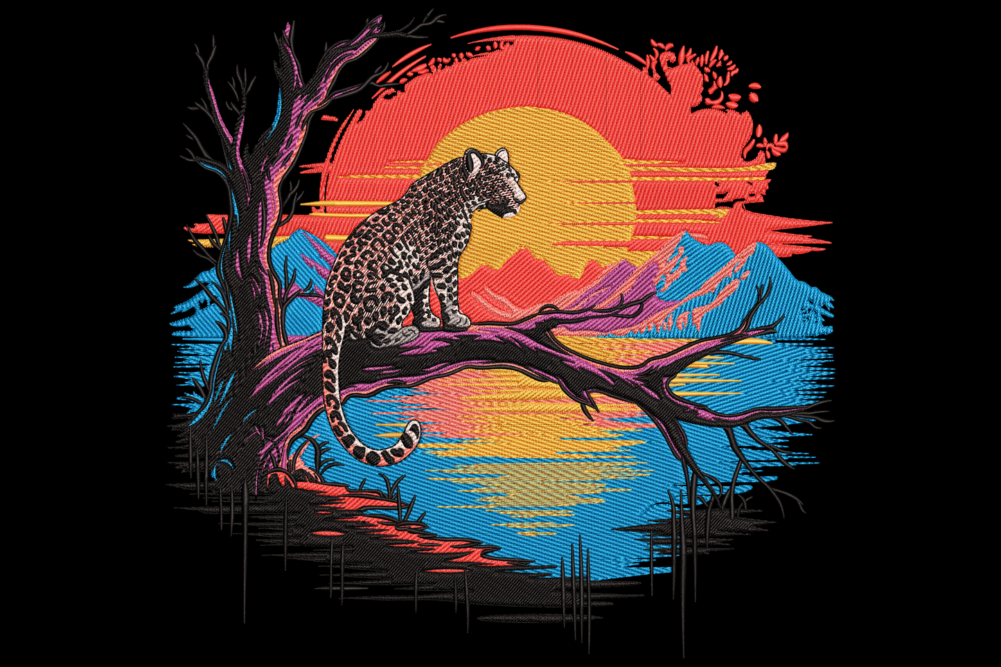 Leopard sitting on a dead branch with coral sun, blue mountains and water reflection embroidery design.
