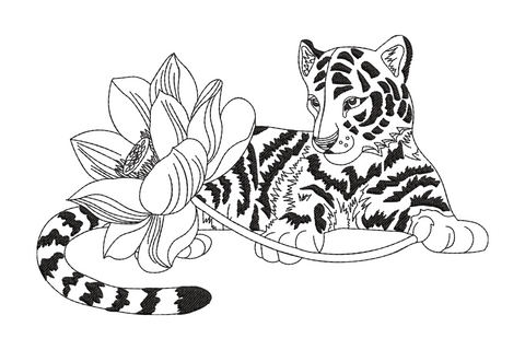 Black line art embroidery of a reclining leopard cub with rosette spots beside a large open lotus flower with layered petals