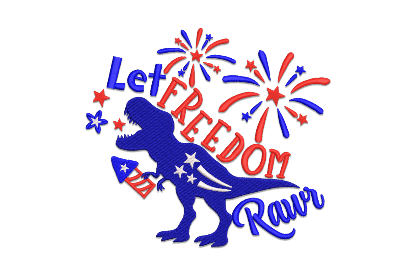 Let Freedom Rawr T-Rex embroidery, navy dinosaur silhouette holding US flag, red FREEDOM lettering and fireworks bursts.