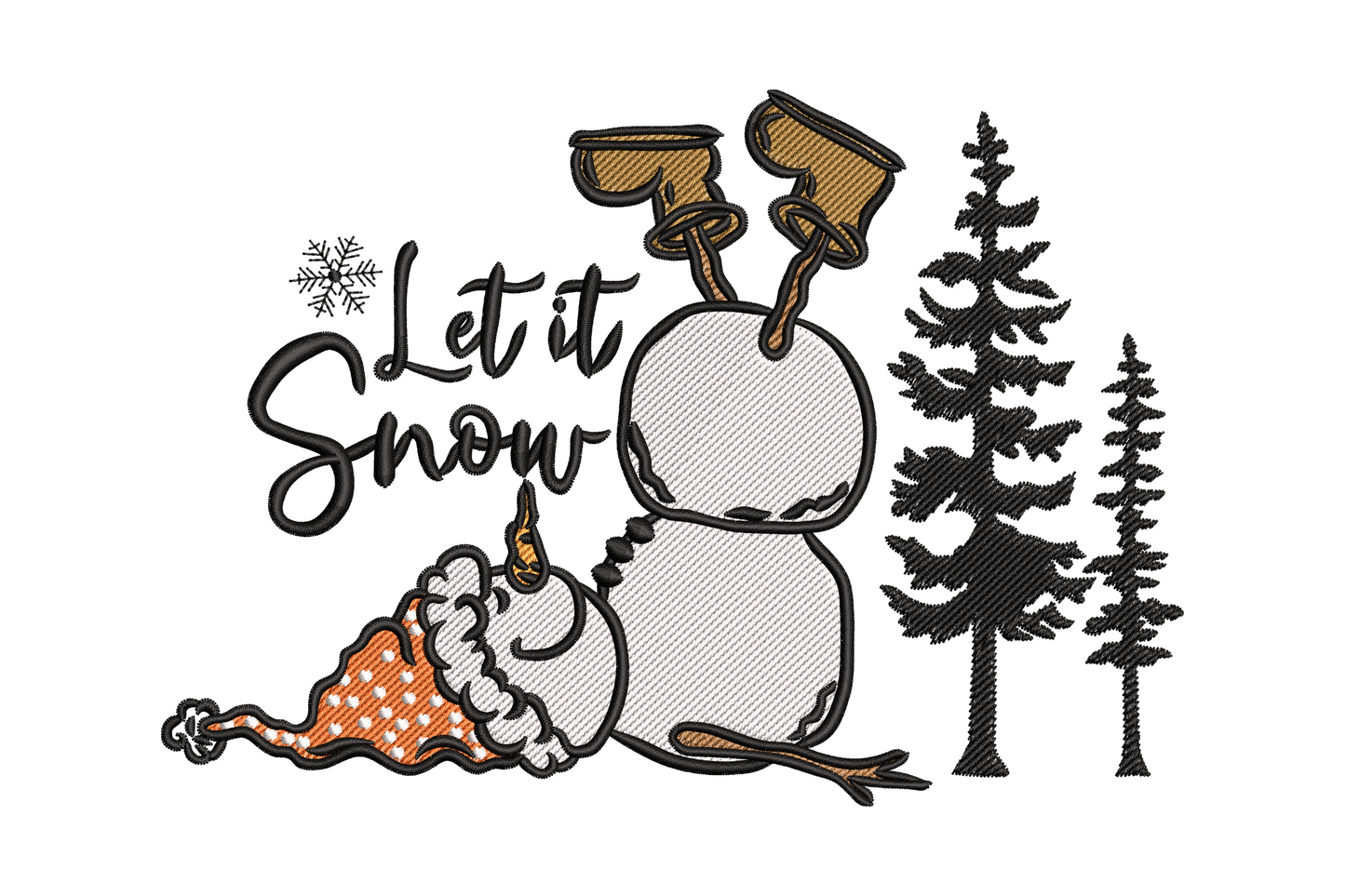 Falling snowman cartoon with Let It Snow text arched above and scattered snowflake dots, 6 colour winter embroidery design