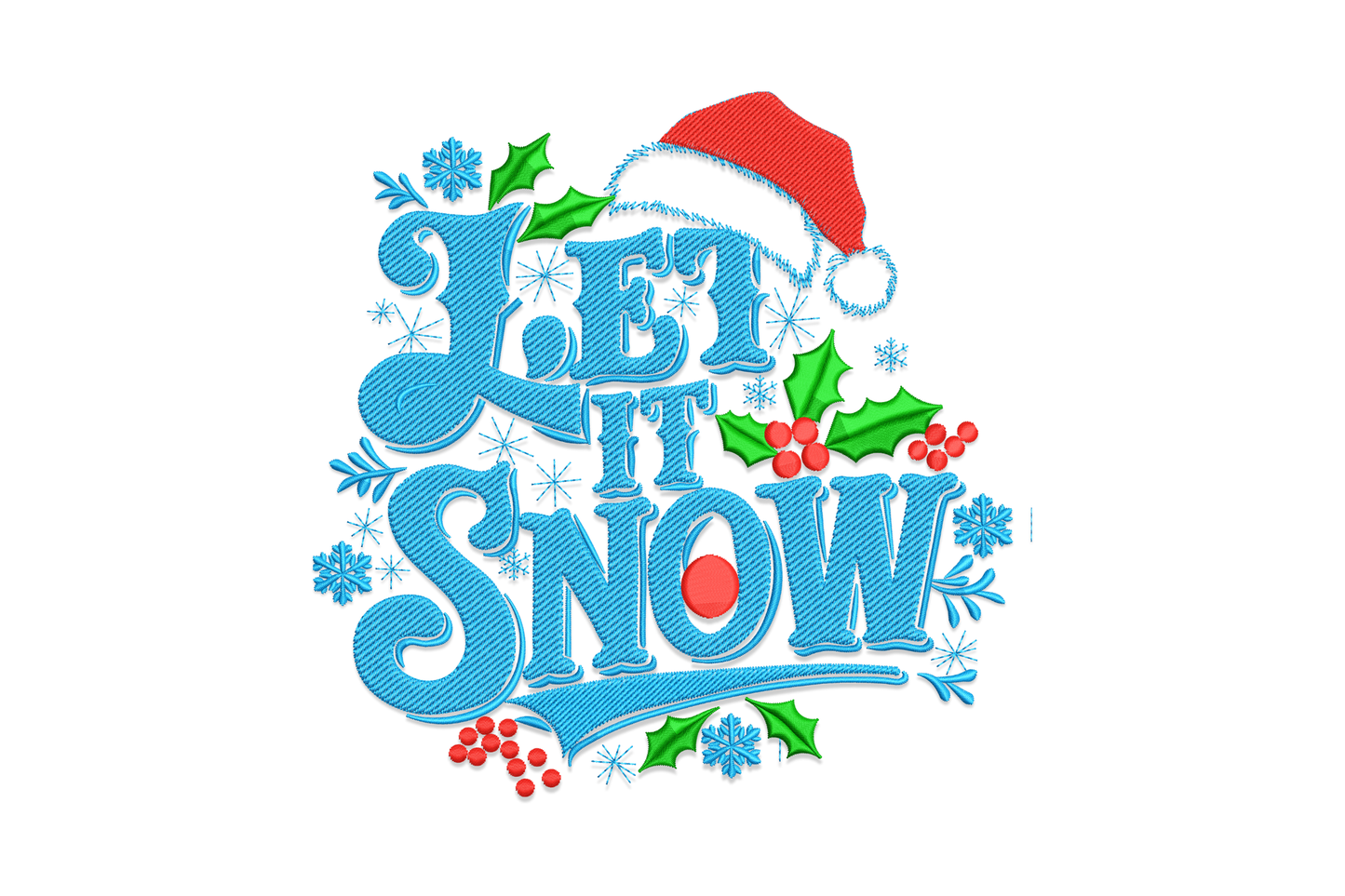 Let it Snow holiday embroidery design with cream cursive script on a cobalt banner ribbon and scattered silver snowflakes.