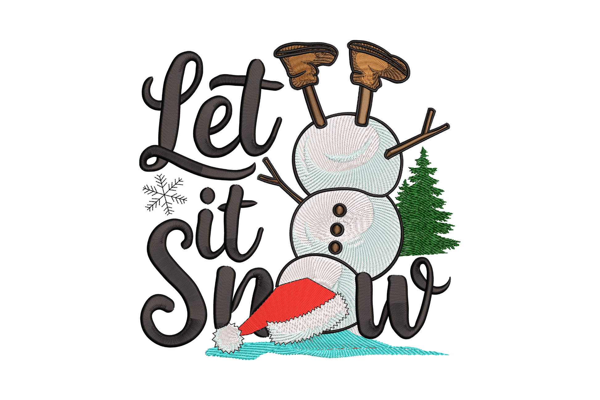 Let it snow embroidery design with upside-down tumbling snowman, bold brush-script lettering, pine tree and snowflake, 9 colours.