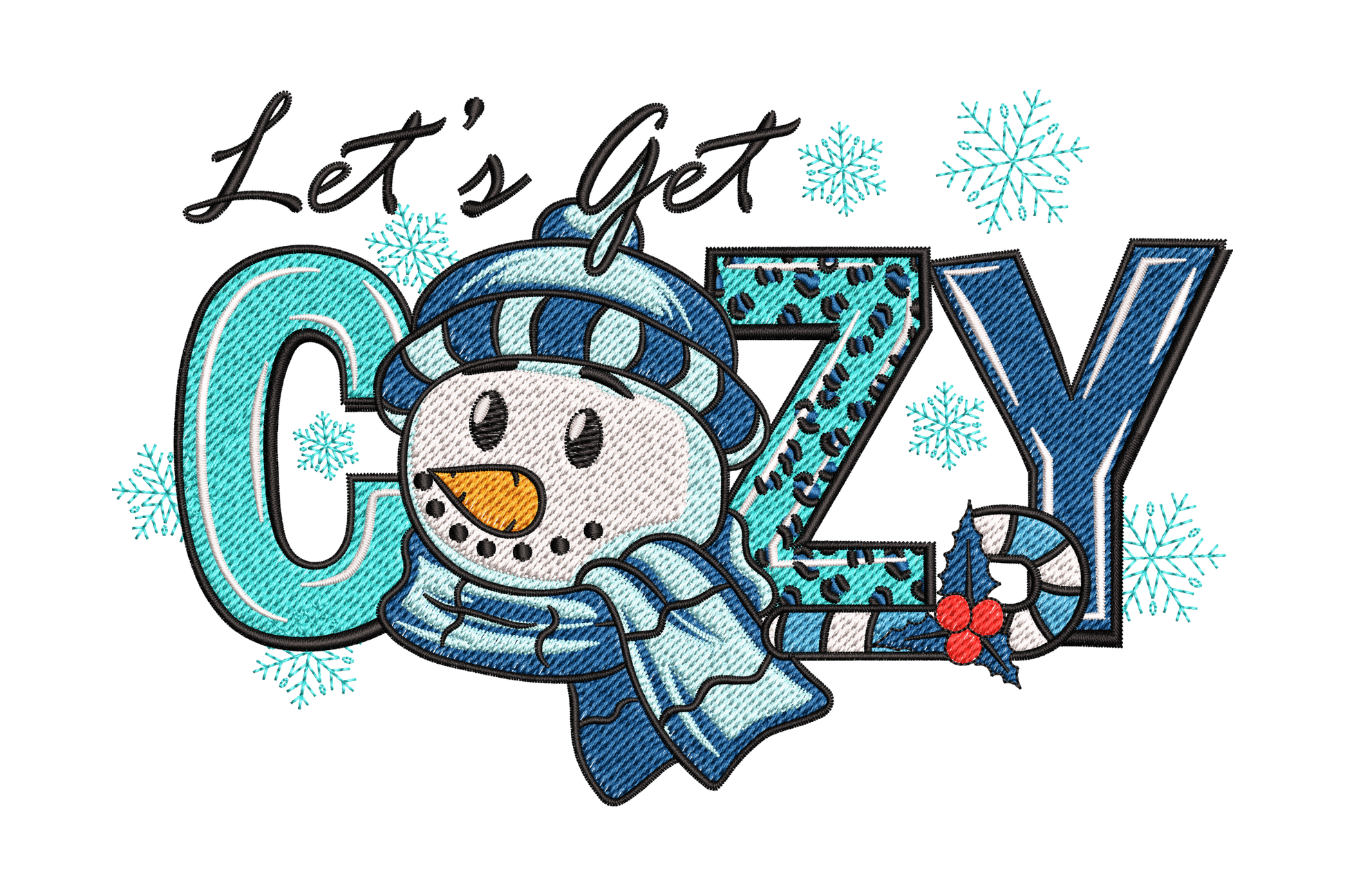 Lets get cozy snowman embroidery design with chunky patterned COZY lettering, a snowman peeking from the letter O, cursive script, and teal snowflakes in 8 colours.