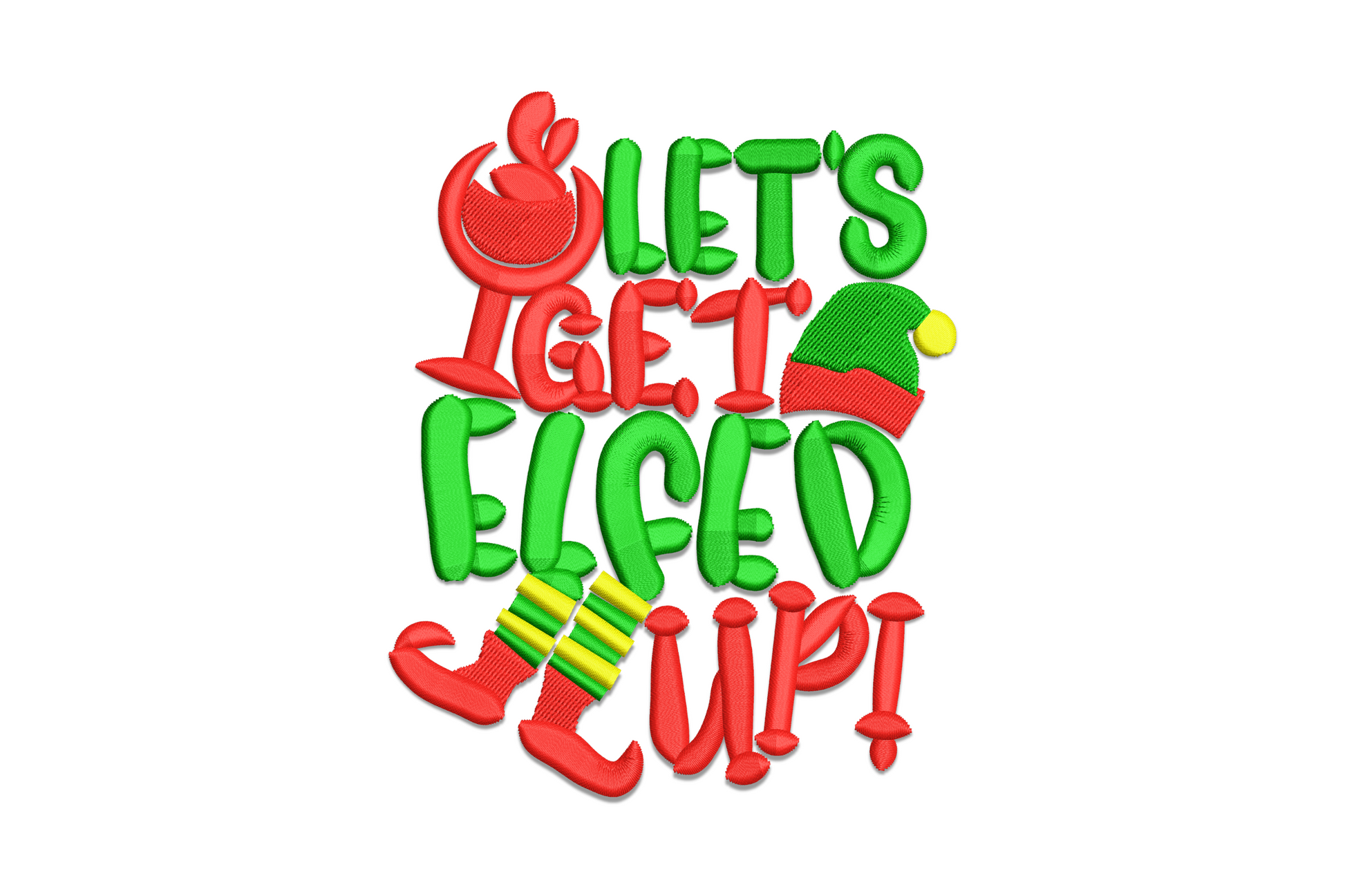 Let's Get Elfed Up embroidery design, chunky red and green lettering with elf hat and striped shoes on forest green pillow.