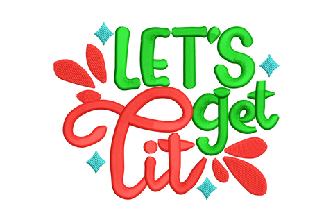 Let's Get Lit funny Christmas block text embroidery design with string lights, 3 colours, 5 sizes