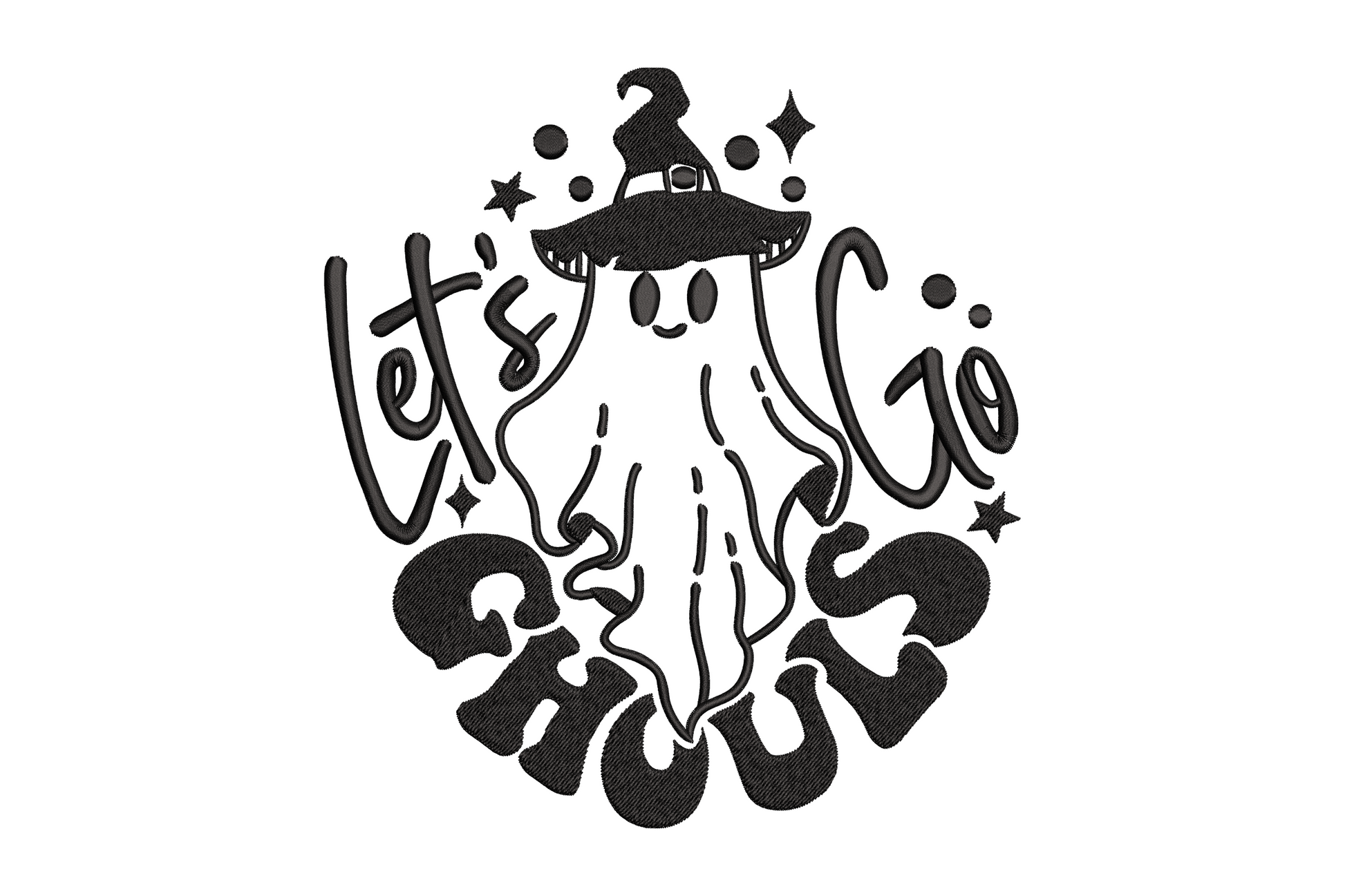 Let's go ghoul embroidery design with witch hat, stacked retro lettering, and chunky bubble GHOUL text in black