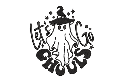 Let's go ghoul embroidery design with witch hat, stacked retro lettering, and chunky bubble GHOUL text in black