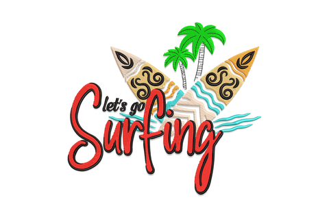 Let's Go Surfing machine embroidery design, cartoon surfer on ocean wave with arched lettering in sky blue, navy and coral red, 4 sizes up to 6.25 inches