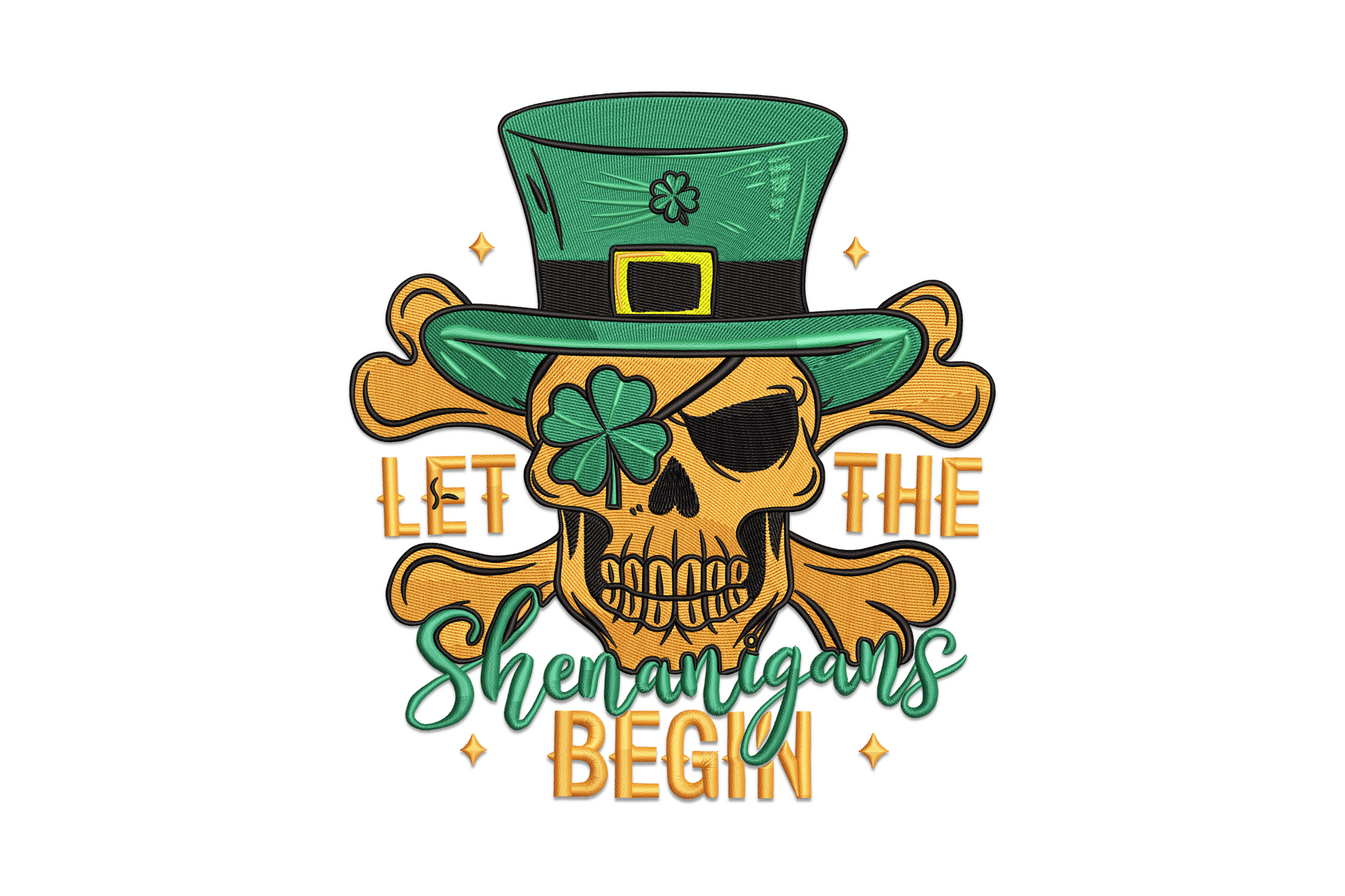 Let the Shenanigans Begin skull embroidery design, decorative skull with shamrocks and St. Patricks Day text, 5 sizes for dark holiday shirts