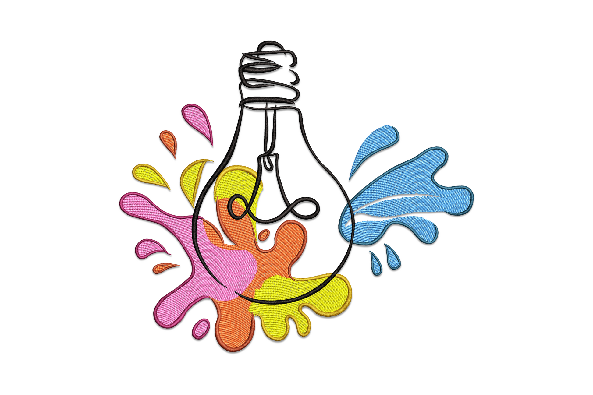 Light bulb paint splash embroidery design with nine-colour interior burst inside clean bulb outline on white background