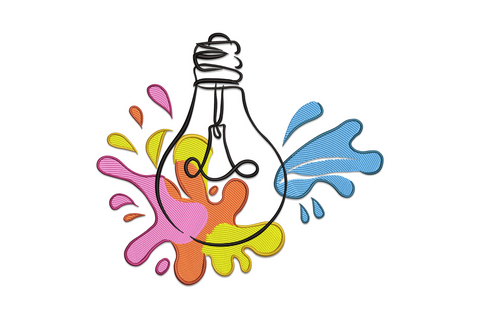 Light bulb paint splash embroidery design with nine-colour interior burst inside clean bulb outline on white background