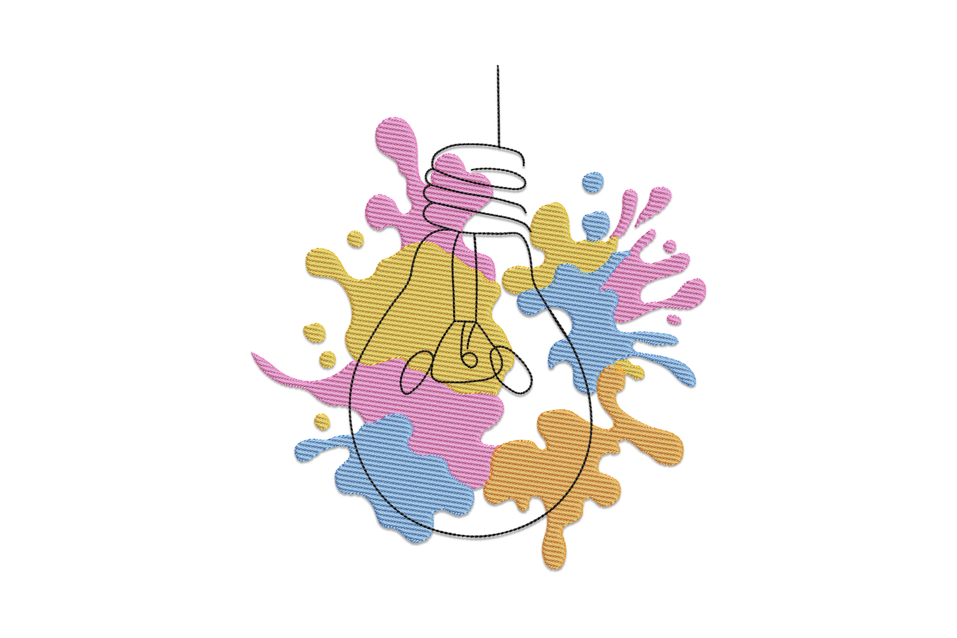 Embroidery design of a light bulb surrounded by an explosive paint splash in yellow, orange, teal and navy on white background