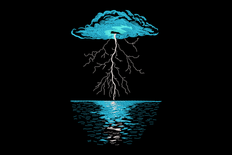 Storm cloud embroidery, white lightning bolts branching from blue cloud to horizontal impact zone, 3 thread colours, weather design.