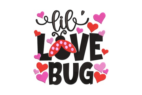 Lil love bug embroidery design, cartoon ladybug with heart-shaped body in red and black, 4 colours, kids valentines style