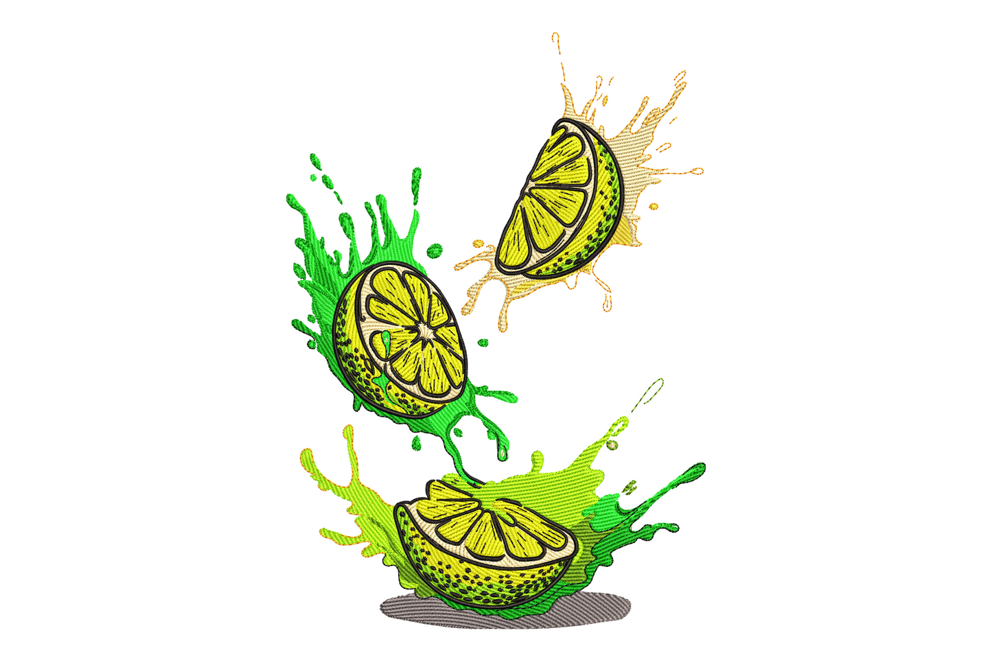 Lime splash embroidery design, bright green satin citrus segments with white water droplets, 7.5 by 5.27 inches, 11 colours
