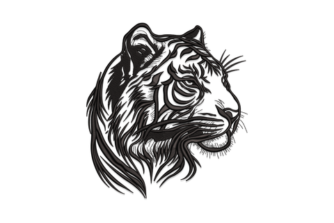 Line art wild animal embroidery, black woodcut-style tiger head in three-quarter profile, flowing mane and hatching detail.