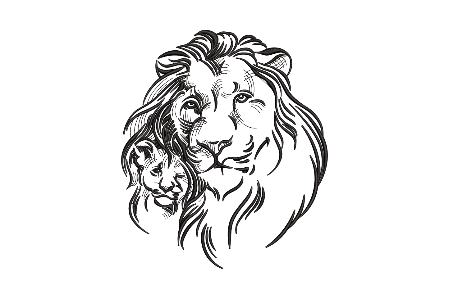 Lion and cub line art embroidery design, two lions in single black thread, adult with simplified mane and small cub, 5 sizes 4-8 inches, Wilcom EmbroideryStudio.