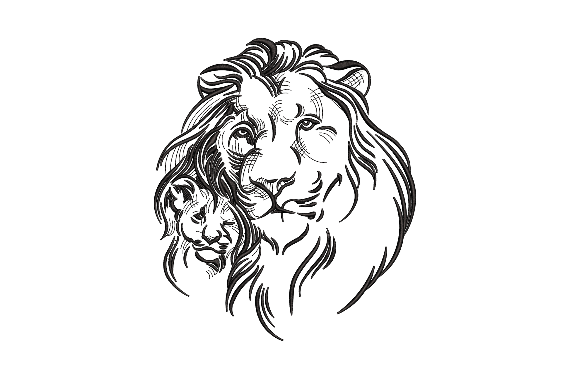 Lion and cub line art embroidery design, two lions in single black thread, adult with simplified mane and small cub, 5 sizes 4-8 inches, Wilcom EmbroideryStudio.