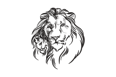 Lion and cub line art embroidery design, two lions in single black thread, adult with simplified mane and small cub, 5 sizes 4-8 inches, Wilcom EmbroideryStudio.