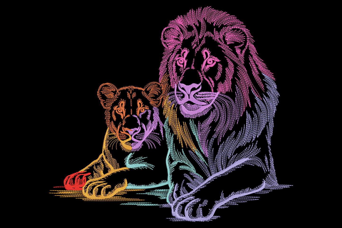 Rainbow lion and lioness portrait embroidery with directional fur stitching in pink orange teal and purple thread on black