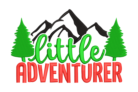 Little Adventurer embroidery design with green pine trees, grey mountains, green cursive and bold red block text.