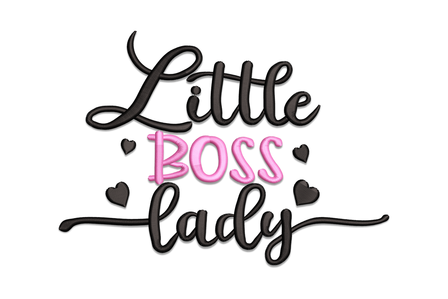 Little Boss Lady embroidery design with 'Little' in black italic script, 'BOSS' in hot pink block letters flanked by small hearts, and 'lady' in black cursive with a long tail.