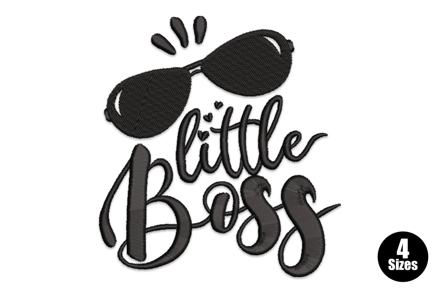 Little Boss embroidery design with bold black calligraphy script, aviator sunglasses, and tiny heart accent dots on letter stems.