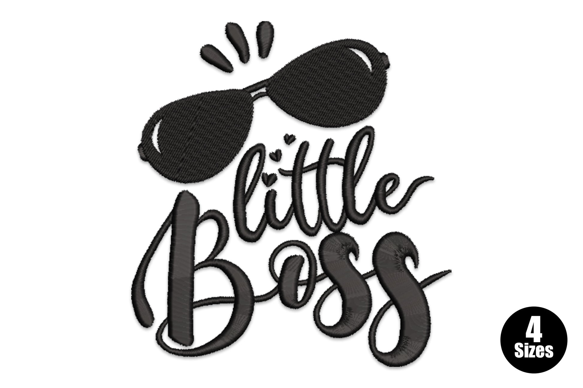 Little Boss embroidery design with bold black calligraphy script, aviator sunglasses, and tiny heart accent dots on letter stems.