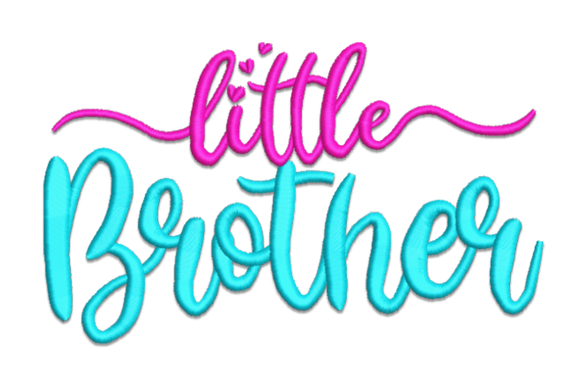 Little Brother embroidery with small pink brush script little above and big cyan brush Brother below for a newborn baby boy.