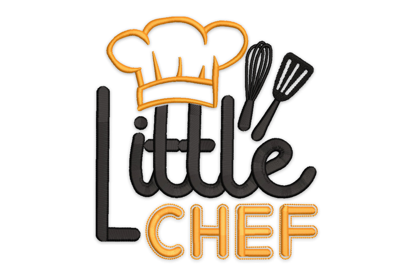 Little Chef embroidery design with orange chef hat, black whisk and spatula, black script Little and orange block CHEF text.