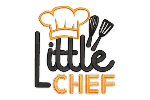Little Chef embroidery design with orange chef hat, black whisk and spatula, black script Little and orange block CHEF text.