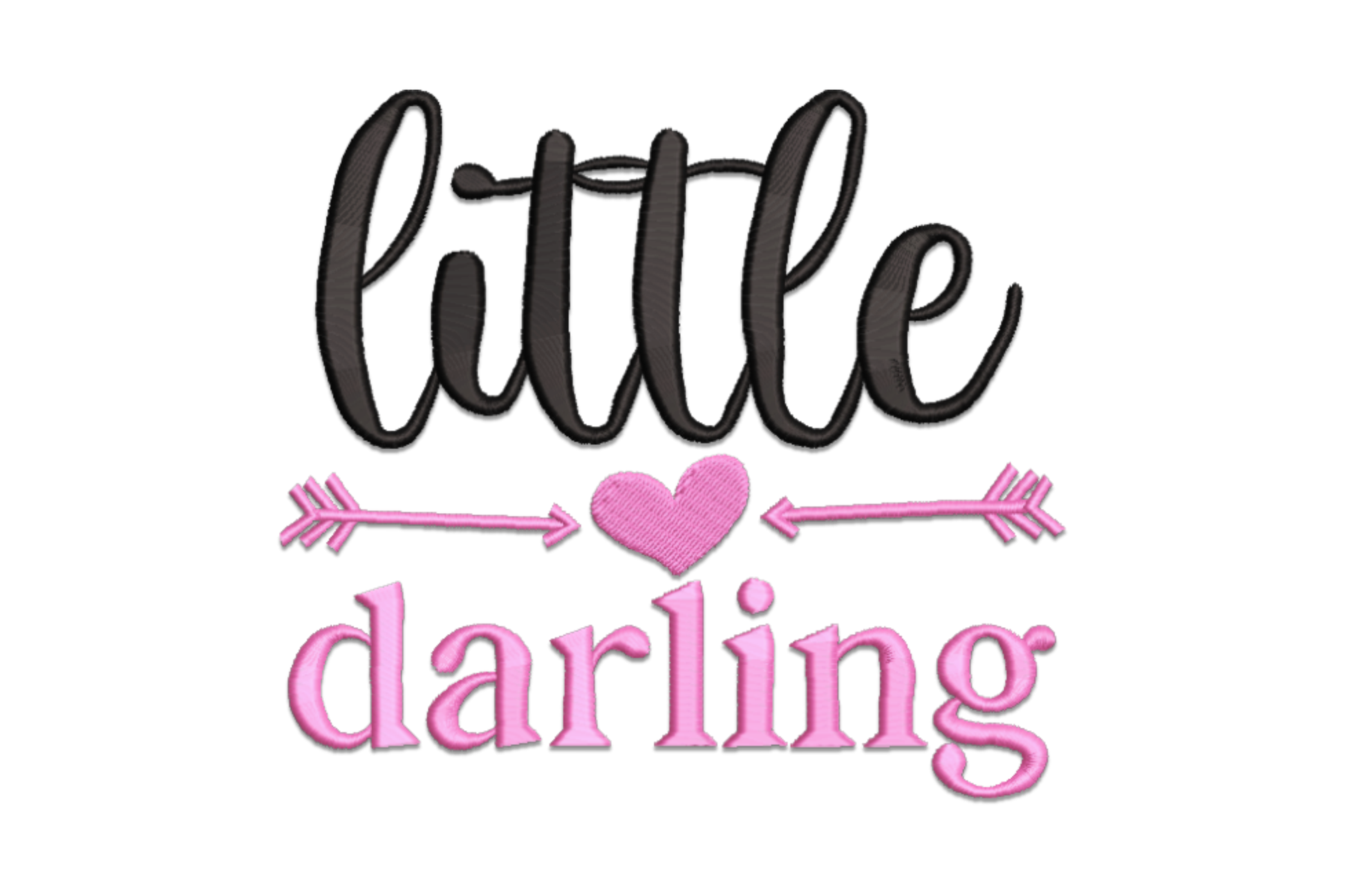 Little Darling embroidery with black brush little, pink arrow and heart, and pink serif darling block letters.