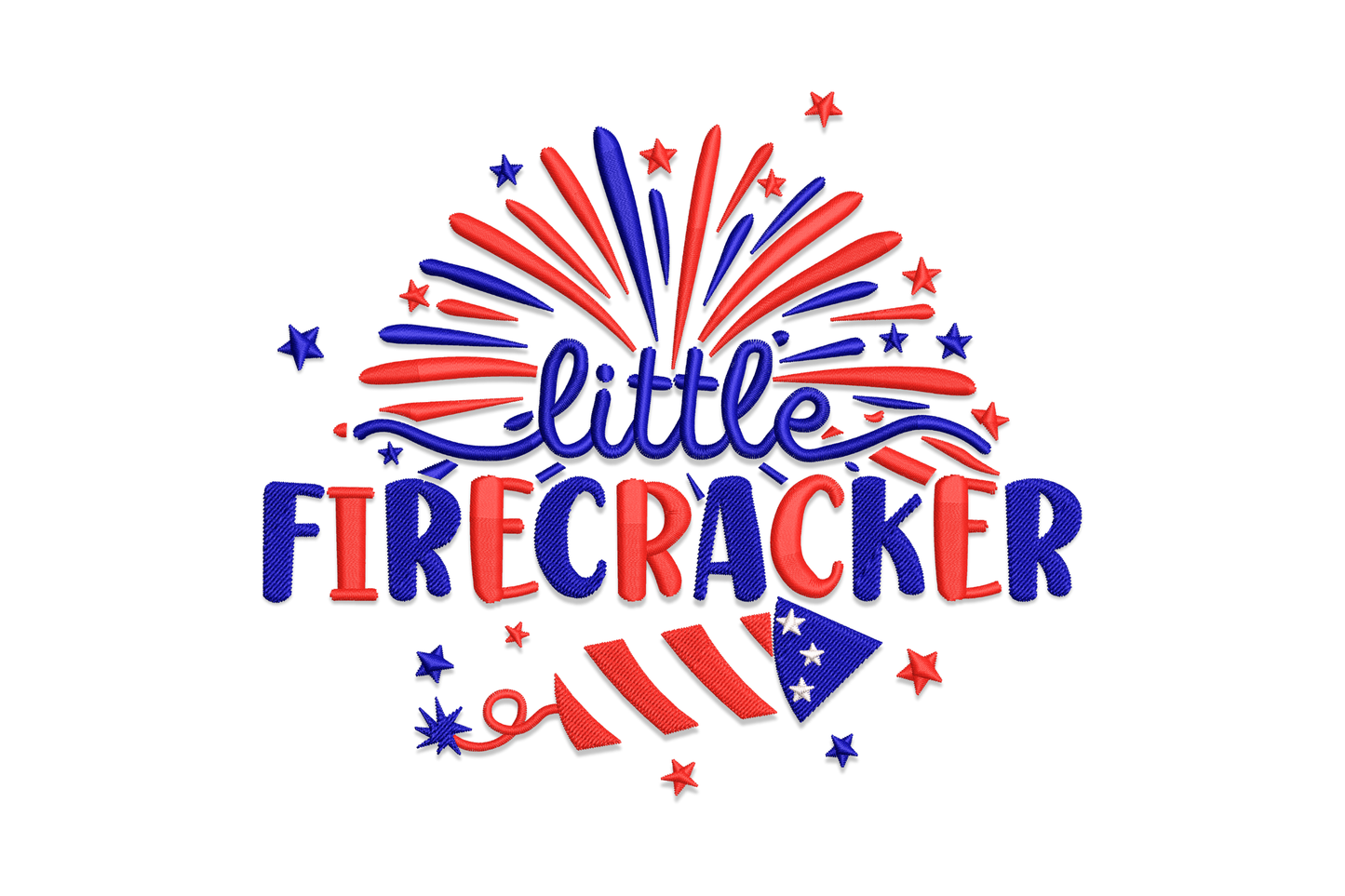 Little Firecracker patriotic embroidery design in red dark blue and white with fireworks burst and bold block lettering.