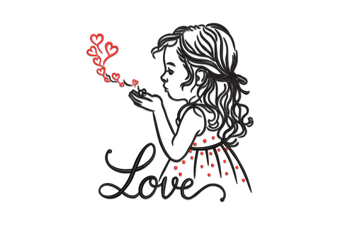 Little girl blowing hearts embroidery design, 2 colour figure with scattered hearts around her, valentine kids design