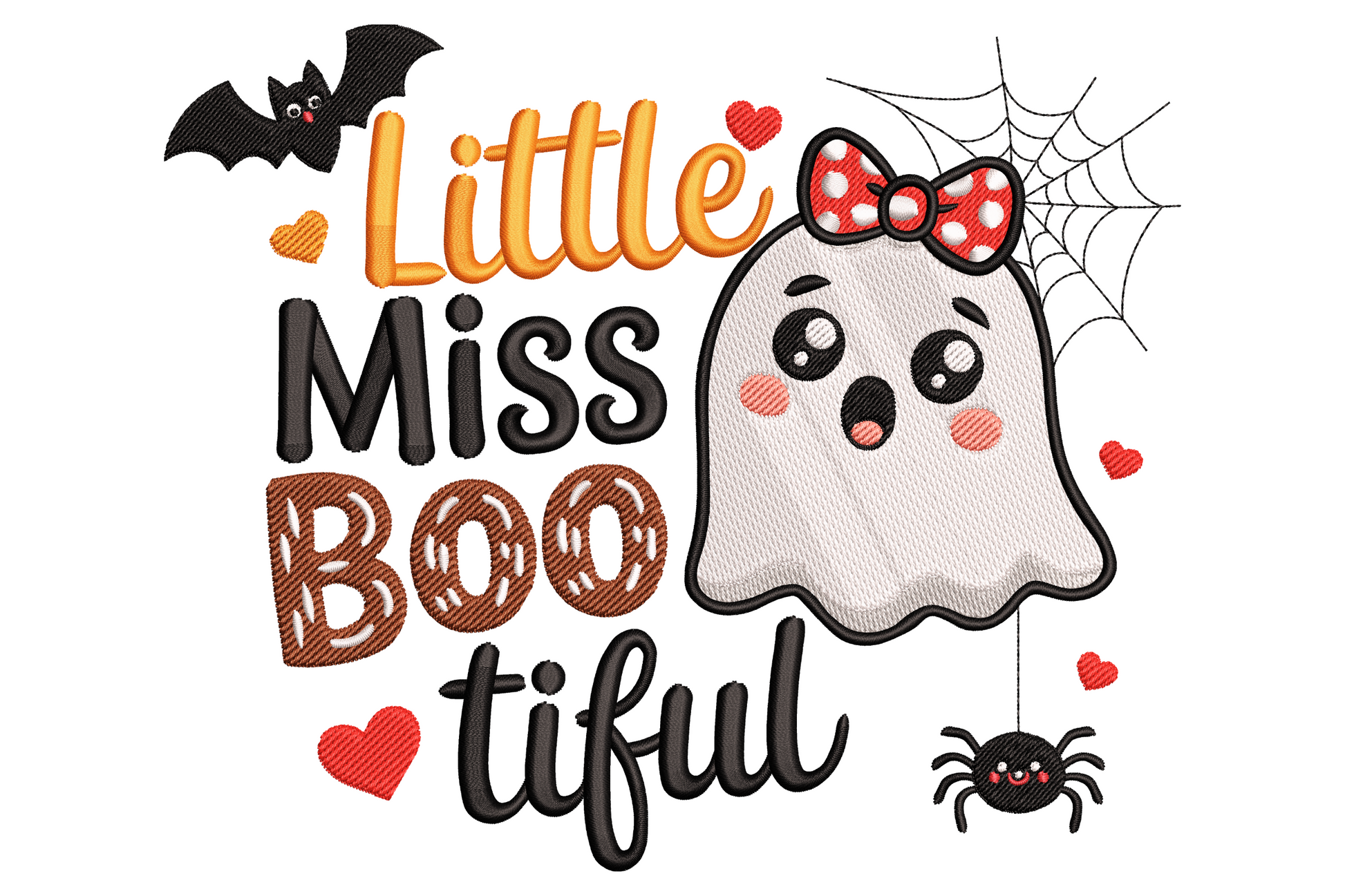 Little Miss style cartoon ghost embroidery with round white body, hot pink bow, rosy cheeks and Boo-tiful lettering in 8 bright thread colours.