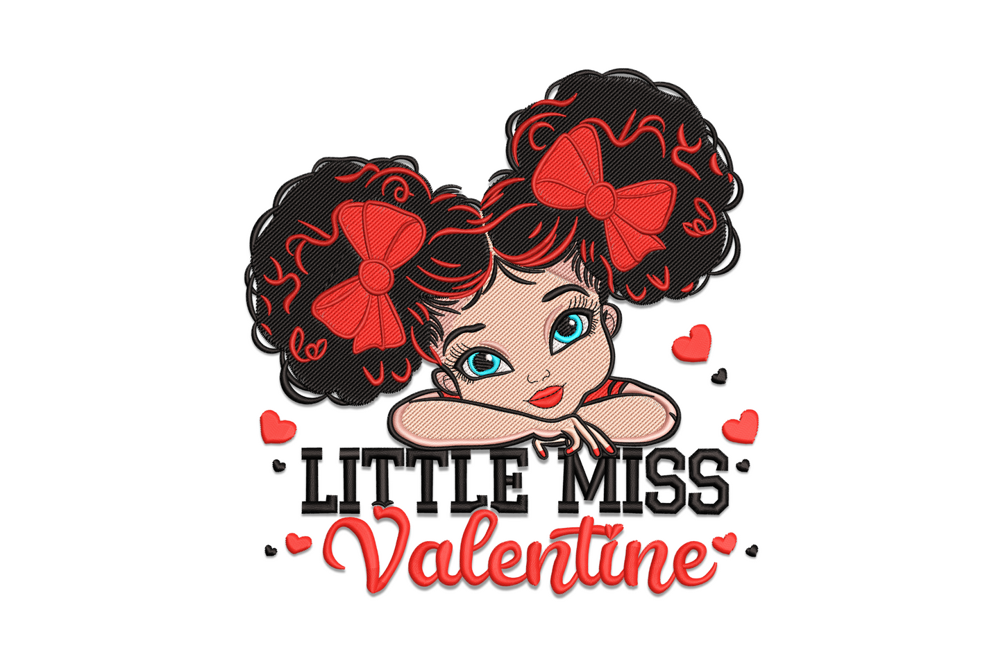 Little Miss Valentine cartoon girl embroidery design with pigtails holding a heart in red and pink, 5 sizes 3.51 to 7.51 inches