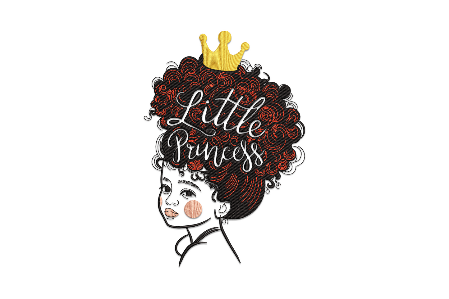 Little princess afro girl embroidery design, textured afro with gold crown and white script, machine embroidery.