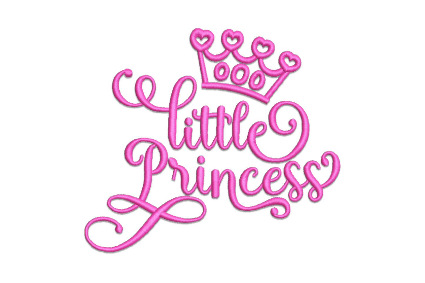 Little Princess embroidery design with flowing cursive script and small crown accent, single colour, on white fabric.