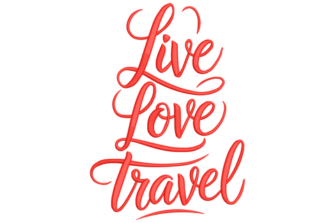 Live Love Travel embroidery design in red brush cursive script stacked vertically with flourish underlines