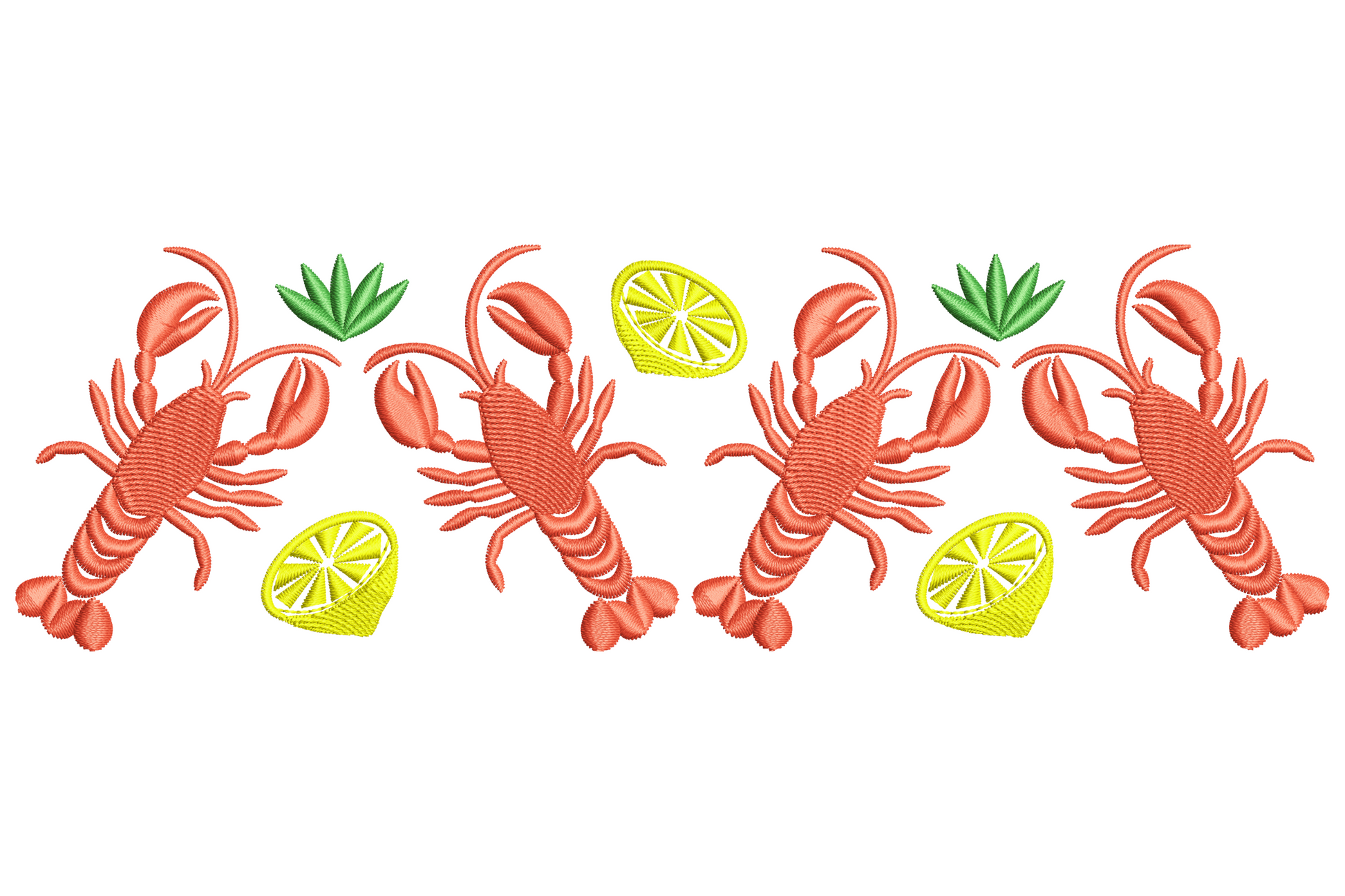 Embroidery border of bright red lobsters with green tails and yellow lemon slices in a repeating horizontal row