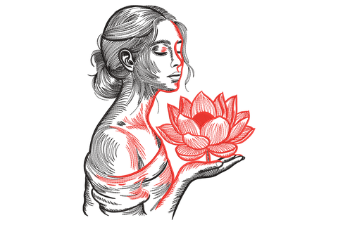 Side profile line art woman holding a single lotus flower with red accent linework tracing the body and petals embroidery