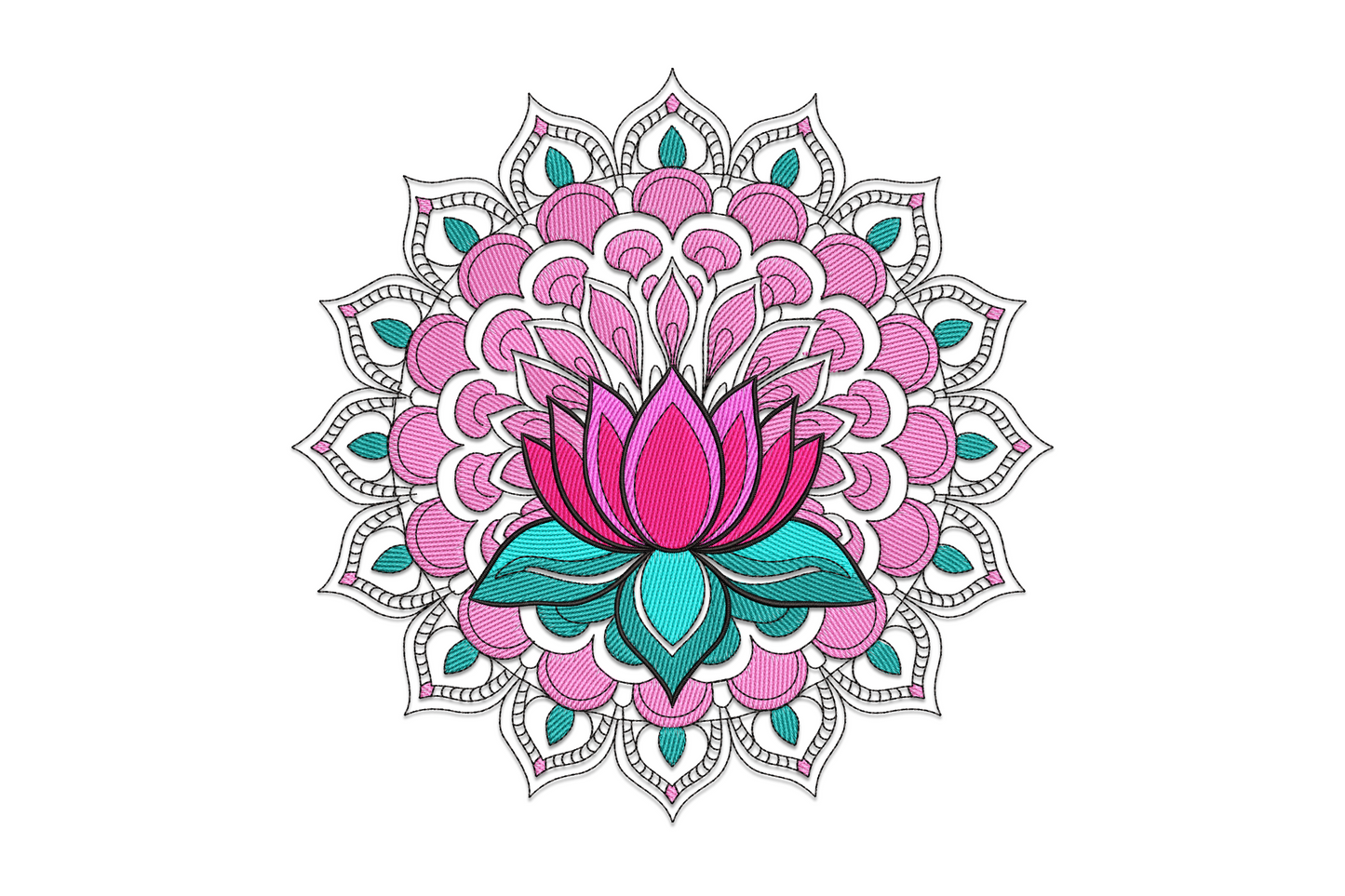 Lotus mandala embroidery with hot pink lotus at centre, teal base leaves, magenta petal rings and grey filigree outer border.