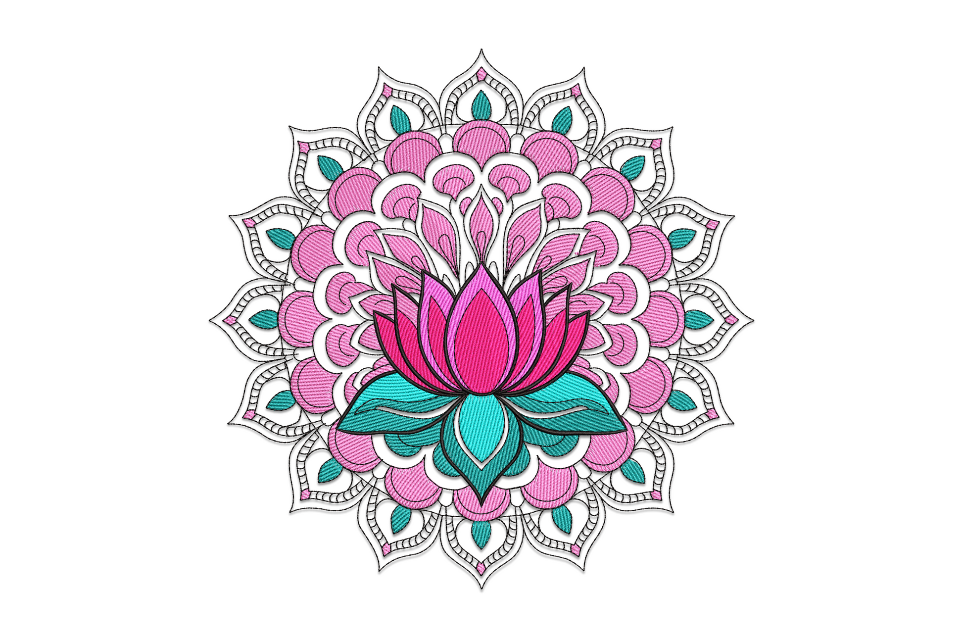 Lotus mandala embroidery with hot pink lotus at centre, teal base leaves, magenta petal rings and grey filigree outer border.