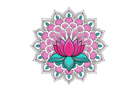 Lotus mandala embroidery with hot pink lotus at centre, teal base leaves, magenta petal rings and grey filigree outer border.