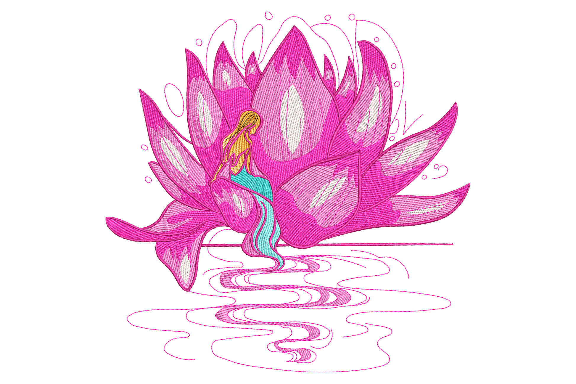 Lotus mermaid embroidery design, small mermaid seated inside open lotus bloom, hot pink petals, aqua tail, 8 thread colors, ivory fabric.