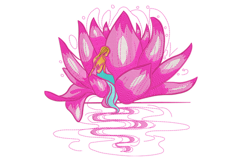 Lotus mermaid embroidery design, small mermaid seated inside open lotus bloom, hot pink petals, aqua tail, 8 thread colors, ivory fabric.