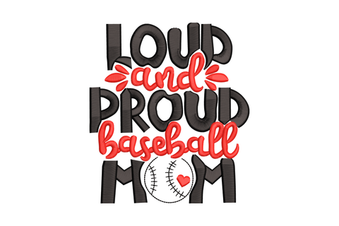 Stacked baseball mom embroidery design with black satin block letters and red cursive script, baseball inside the letter O.